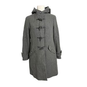 Talbots Hooded Wool Coat Womens 4P Petite Gray Herringbone Toggle Duffle Parka